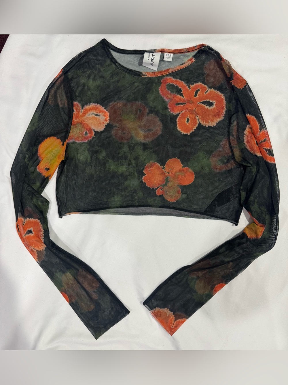 Collusion ASOS Sheer Mesh Orange Floral Long Sleeve Crop Top US 6⁠